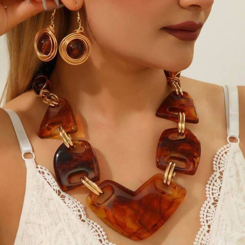 3PC Spliced Necklace And Earring Set Fashion Exaggerated Minimalist